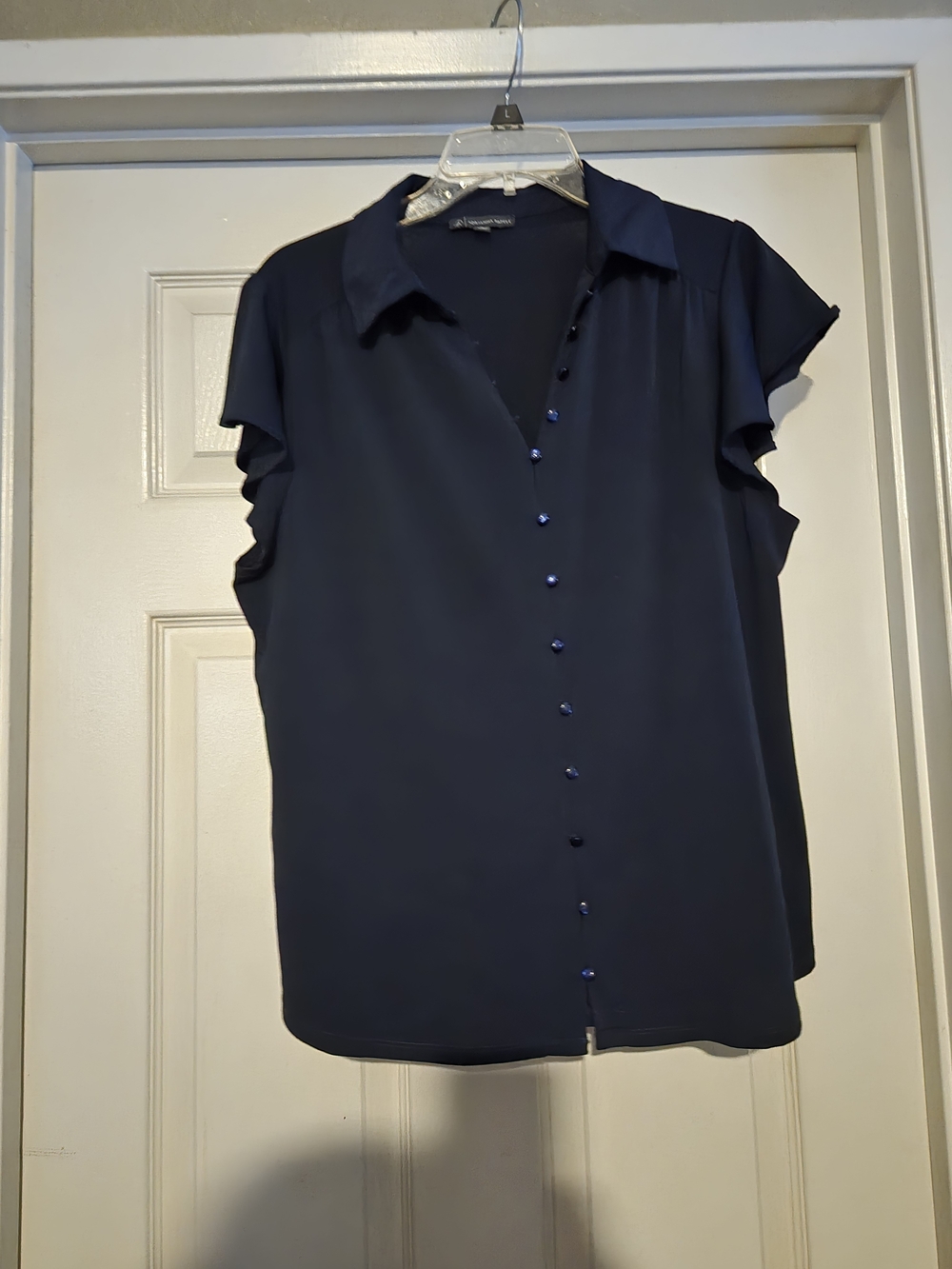 Adrianna Papell Navy Short-Sleeve Button Front Blouse